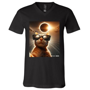 Cat Taking A Selfie With Solar 2024 Eclipse Wearing Glasses V-Neck T-Shirt