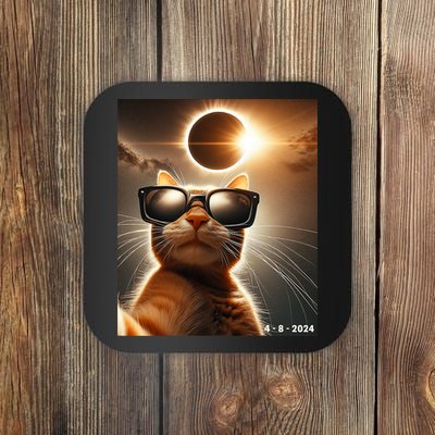 Cat Taking A Selfie With Solar 2024 Eclipse Wearing Glasses Coaster
