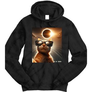 Cat Taking A Selfie With Solar 2024 Eclipse Wearing Glasses Tie Dye Hoodie