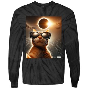 Cat Taking A Selfie With Solar 2024 Eclipse Wearing Glasses Tie-Dye Long Sleeve Shirt