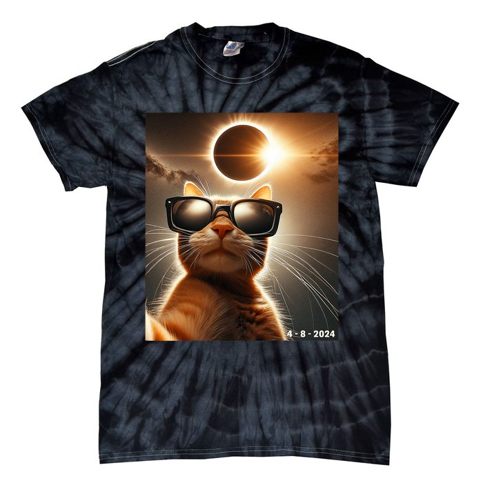 Cat Taking A Selfie With Solar 2024 Eclipse Wearing Glasses Tie-Dye T-Shirt