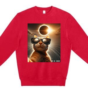 Cat Taking A Selfie With Solar 2024 Eclipse Wearing Glasses Premium Crewneck Sweatshirt