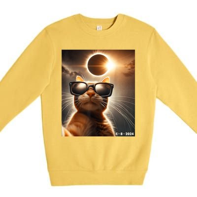 Cat Taking A Selfie With Solar 2024 Eclipse Wearing Glasses Premium Crewneck Sweatshirt