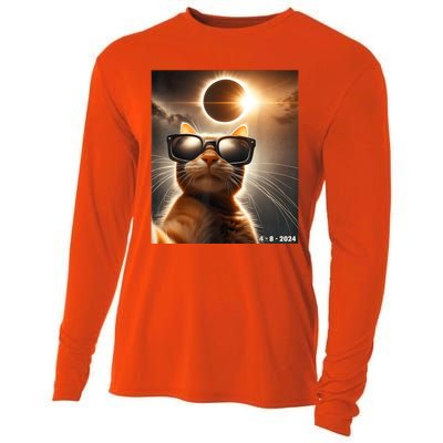 Cat Taking A Selfie With Solar 2024 Eclipse Wearing Glasses Cooling Performance Long Sleeve Crew