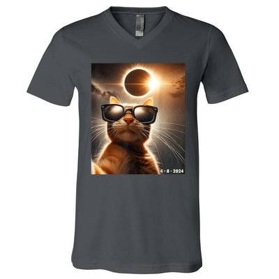 Cat Taking A Selfie With Solar 2024 Eclipse Wearing Glasses V-Neck T-Shirt