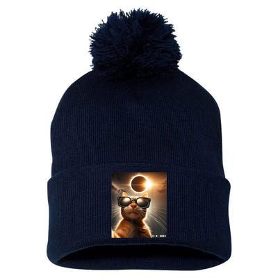 Cat Taking A Selfie With Solar 2024 Eclipse Wearing Glasses Pom Pom 12in Knit Beanie