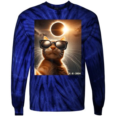 Cat Taking A Selfie With Solar 2024 Eclipse Wearing Glasses Tie-Dye Long Sleeve Shirt