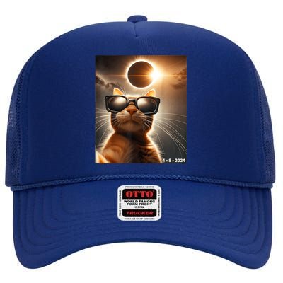 Cat Taking A Selfie With Solar 2024 Eclipse Wearing Glasses High Crown Mesh Back Trucker Hat