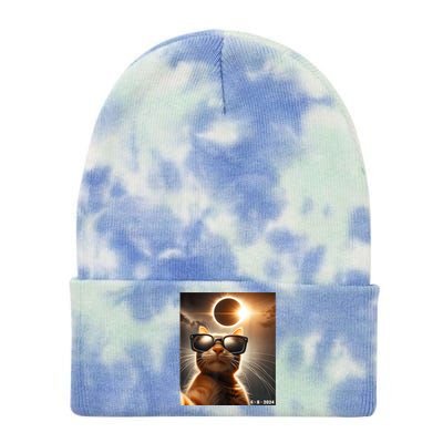 Cat Taking A Selfie With Solar 2024 Eclipse Wearing Glasses Tie Dye 12in Knit Beanie