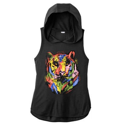 Colorful Tiger Animal Art Ladies PosiCharge Tri-Blend Wicking Draft Hoodie Tank