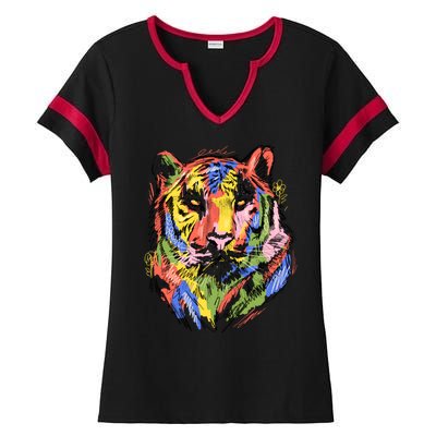 Colorful Tiger Animal Art Ladies Halftime Notch Neck Tee