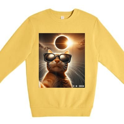 Cat Taking A Selfie With Solar 2024 Eclipse Wearing Glasses Premium Crewneck Sweatshirt