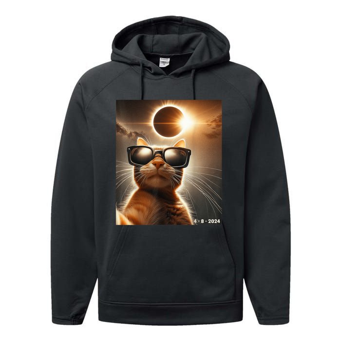 Cat Taking A Selfie With Solar 2024 Eclipse Wearing Glasses Performance Fleece Hoodie