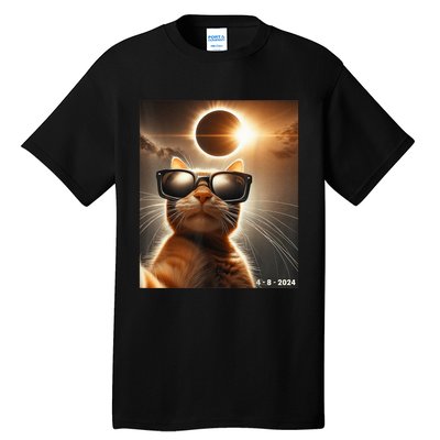 Cat Taking A Selfie With Solar 2024 Eclipse Wearing Glasses Tall T-Shirt