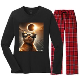 Cat Taking A Selfie With Solar 2024 Eclipse Wearing Glasses Women's Long Sleeve Flannel Pajama Set 