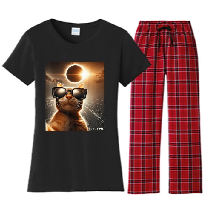 Cat Taking A Selfie With Solar 2024 Eclipse Wearing Glasses Women's Flannel Pajama Set