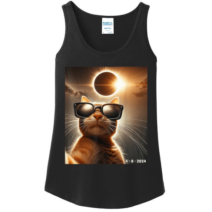 Cat Taking A Selfie With Solar 2024 Eclipse Wearing Glasses Ladies Essential Tank