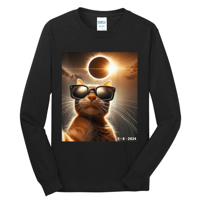 Cat Taking A Selfie With Solar 2024 Eclipse Wearing Glasses Tall Long Sleeve T-Shirt