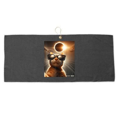 Cat Taking A Selfie With Solar 2024 Eclipse Wearing Glasses Large Microfiber Waffle Golf Towel