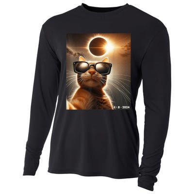 Cat Taking A Selfie With Solar 2024 Eclipse Wearing Glasses Cooling Performance Long Sleeve Crew