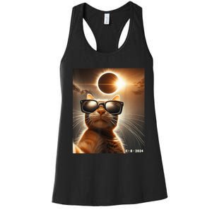 Cat Taking A Selfie With Solar 2024 Eclipse Wearing Glasses Women's Racerback Tank