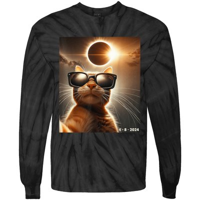 Cat Taking A Selfie With Solar 2024 Eclipse Wearing Glasses Tie-Dye Long Sleeve Shirt