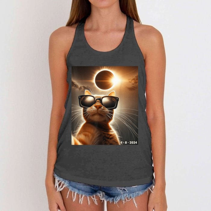 Cat Taking A Selfie With Solar 2024 Eclipse Wearing Glasses Women's Knotted Racerback Tank