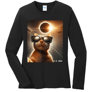 Cat Taking A Selfie With Solar 2024 Eclipse Wearing Glasses Ladies Long Sleeve Shirt