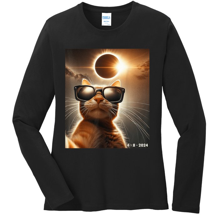 Cat Taking A Selfie With Solar 2024 Eclipse Wearing Glasses Ladies Long Sleeve Shirt