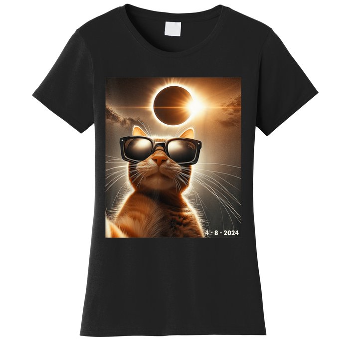 Cat Taking A Selfie With Solar 2024 Eclipse Wearing Glasses Women's T-Shirt