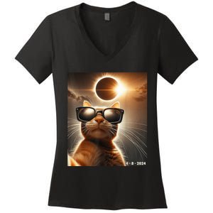 Cat Taking A Selfie With Solar 2024 Eclipse Wearing Glasses Women's V-Neck T-Shirt