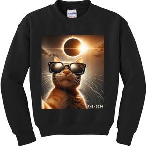 Cat Taking A Selfie With Solar 2024 Eclipse Wearing Glasses Kids Sweatshirt