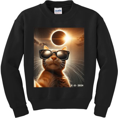 Cat Taking A Selfie With Solar 2024 Eclipse Wearing Glasses Kids Sweatshirt