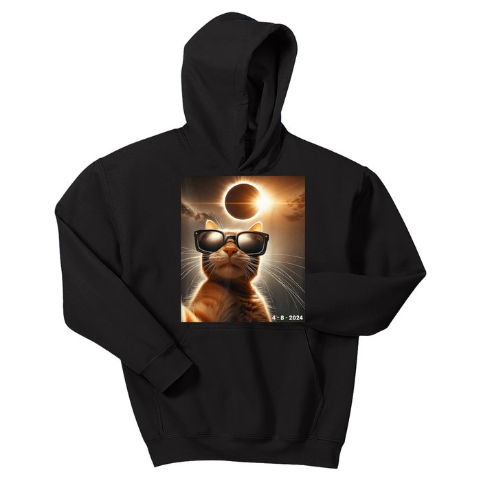 Cat Taking A Selfie With Solar 2024 Eclipse Wearing Glasses Kids Hoodie