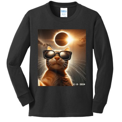 Cat Taking A Selfie With Solar 2024 Eclipse Wearing Glasses Kids Long Sleeve Shirt