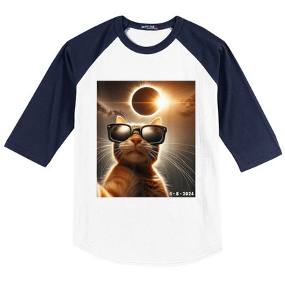 Cat Taking A Selfie With Solar 2024 Eclipse Wearing Glasses Baseball Sleeve Shirt