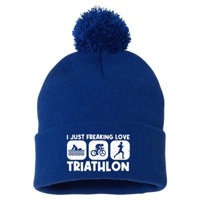 Cool Triathlon Art Triathlete Sport Triathlon Cute Gift Pom Pom 12in Knit Beanie