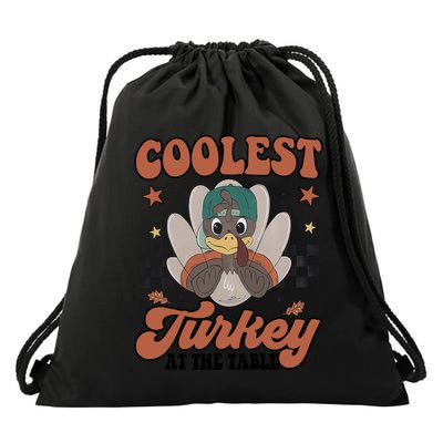 Coolest Turkey At The Table Thanksgiving Coolest Turkey Boy Drawstring Bag
