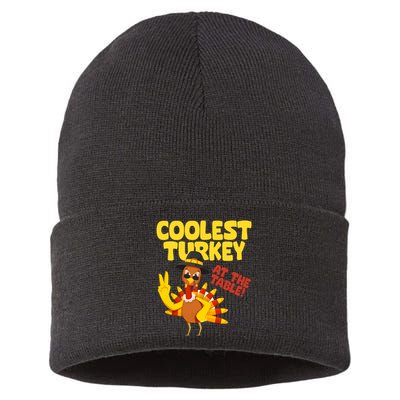 Coolest Turkey At The Table Thanksgiving Funny Sustainable Knit Beanie