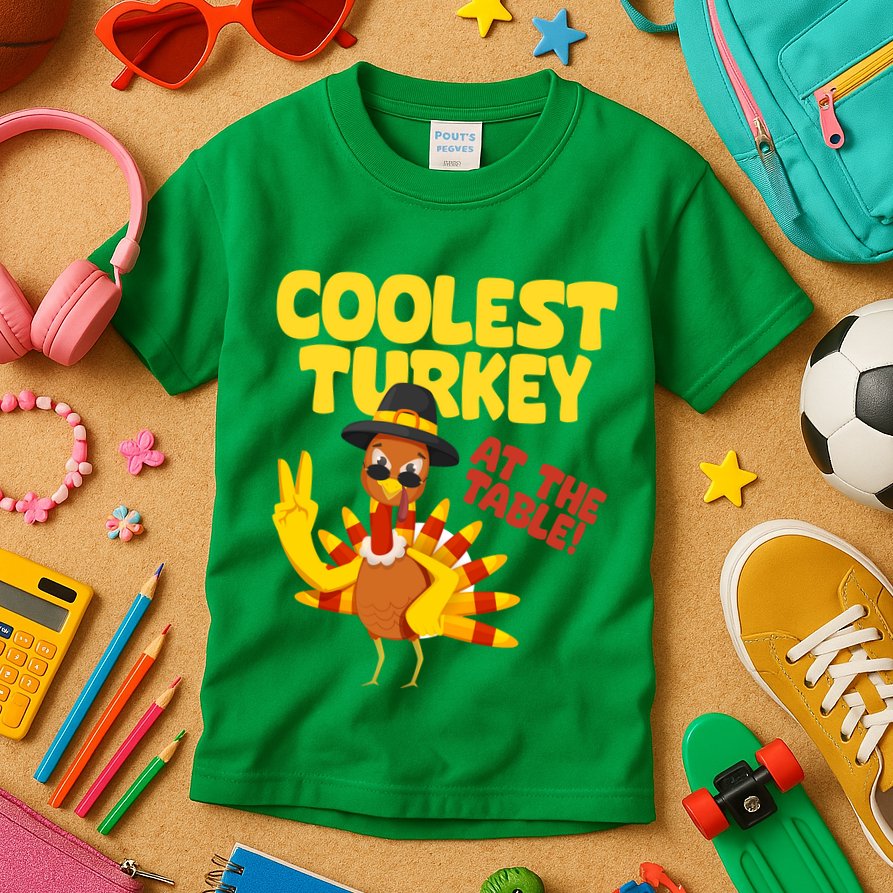 Coolest Turkey At The Table Thanksgiving Funny Kids T-Shirt