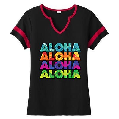 Colorful Tropical Aloha Hawaiian Hawaii Ladies Halftime Notch Neck Tee