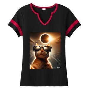 Cat Taking A Selfie With Solar 2024 Eclipse Wearing Glasses Ladies Halftime Notch Neck Tee