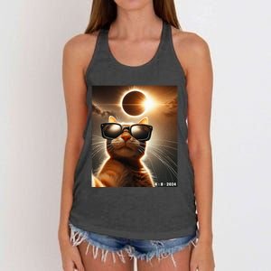 Cat Taking A Selfie With Solar 2024 Eclipse Wearing Glasses Women's Knotted Racerback Tank