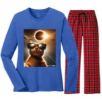 Cat Taking A Selfie With Solar 2024 Eclipse Wearing Glasses Women's Long Sleeve Flannel Pajama Set 