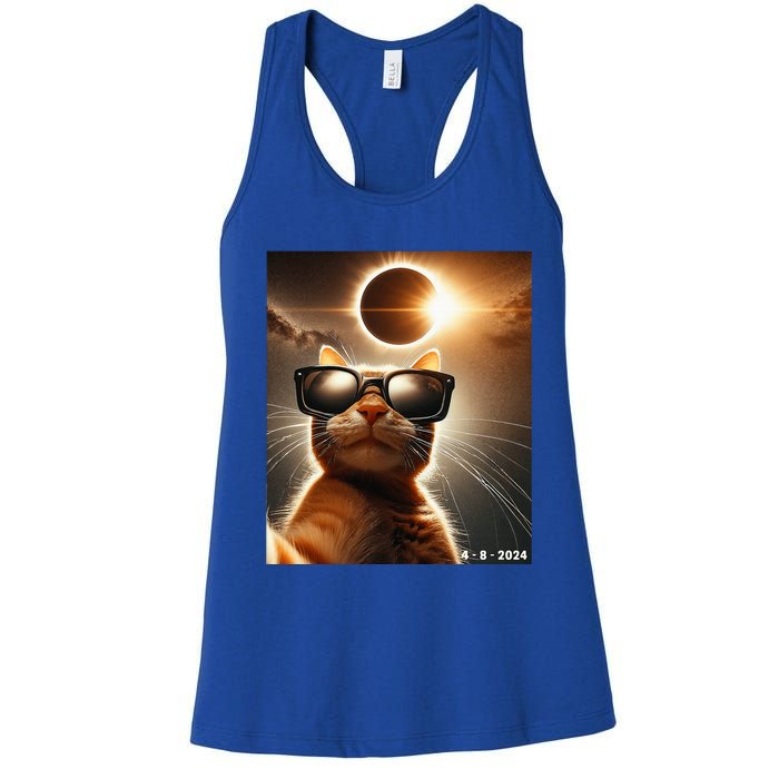 Cat Taking A Selfie With Solar 2024 Eclipse Wearing Glasses Women's Racerback Tank