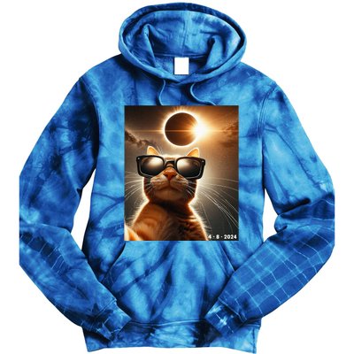 Cat Taking A Selfie With Solar 2024 Eclipse Wearing Glasses Tie Dye Hoodie