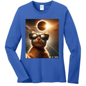 Cat Taking A Selfie With Solar 2024 Eclipse Wearing Glasses Ladies Long Sleeve Shirt