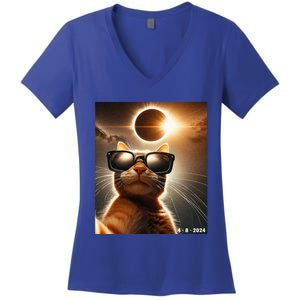 Cat Taking A Selfie With Solar 2024 Eclipse Wearing Glasses Women's V-Neck T-Shirt