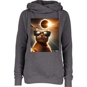 Cat Taking A Selfie With Solar 2024 Eclipse Wearing Glasses Womens Funnel Neck Pullover Hood