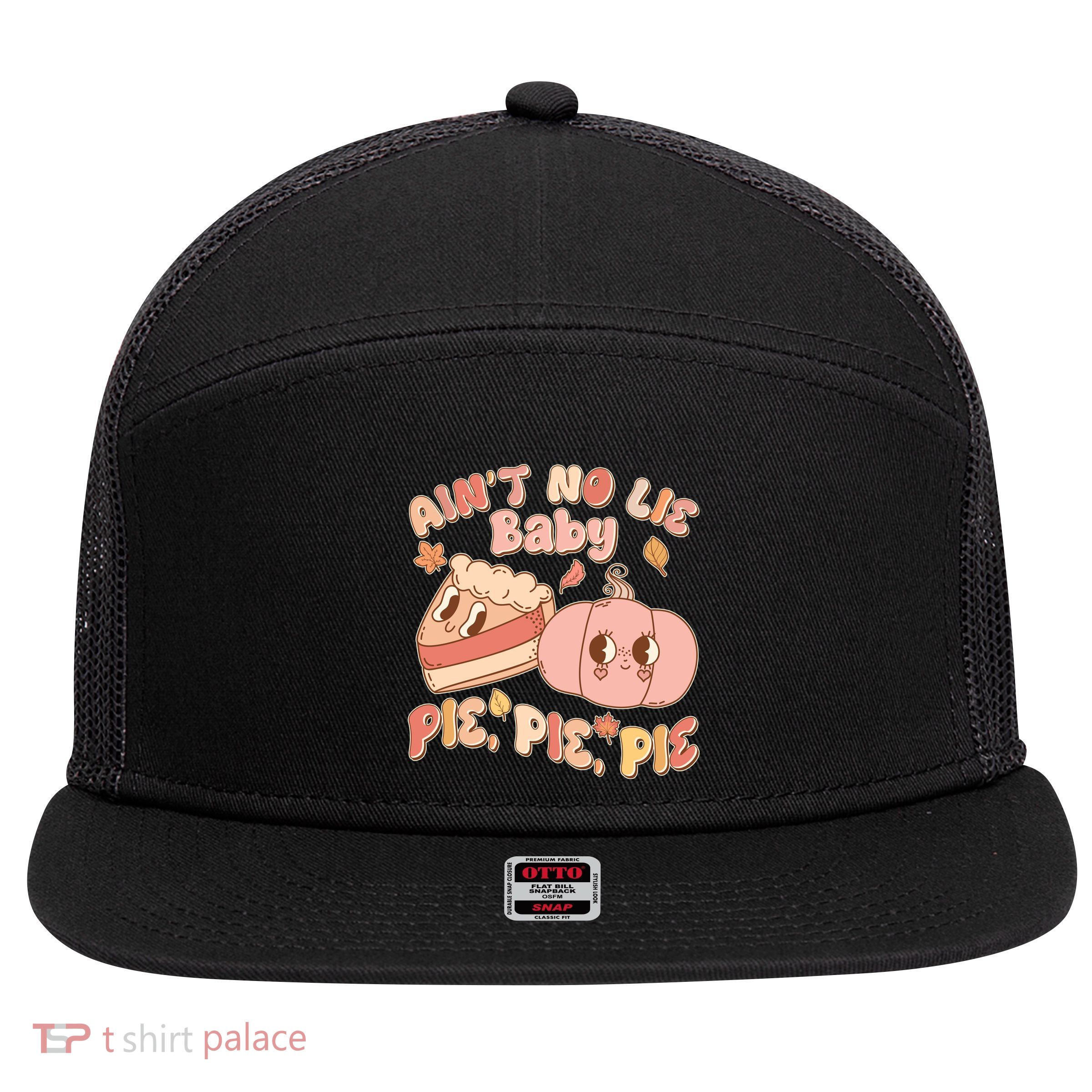Cute Thanksgiving Aint No Lie Baby Pie Pie Pie Retro Cartoon Pumpkin Pie 7 Panel Mesh Trucker Snapback Hat